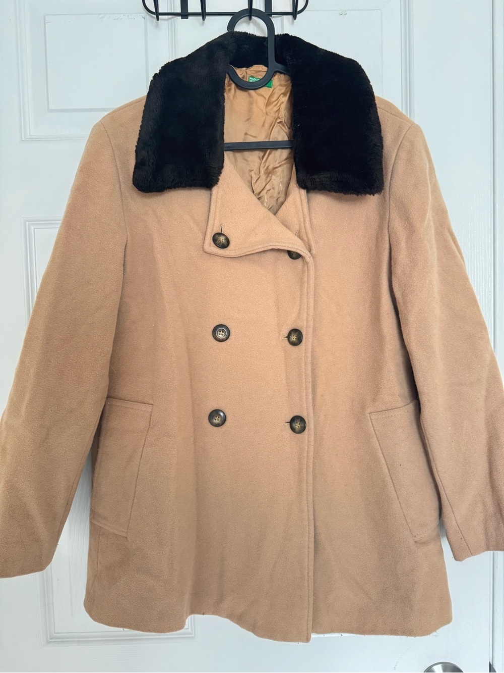 United Colors of Benetton Vintage Wool Pea Coat Faux Fur Collar Womens S